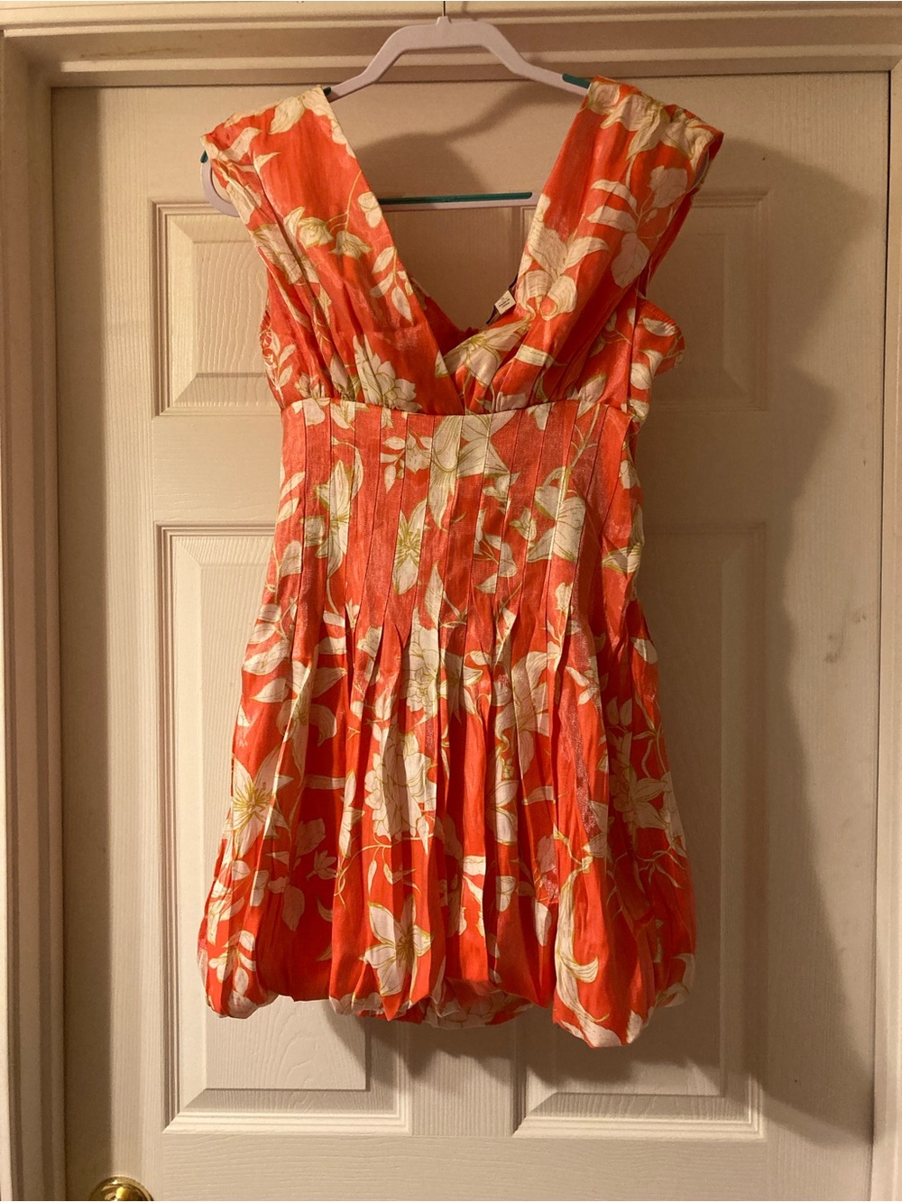 Cato Orange Floral V-Neck Mini Dress w/ Bubble Hem & Shimmery Fabric - small